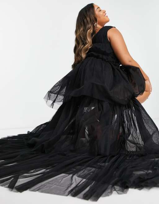 Lace & Beads Plus plunge front tulle mini dress with high low tiered skirt in black  , 3 of 4