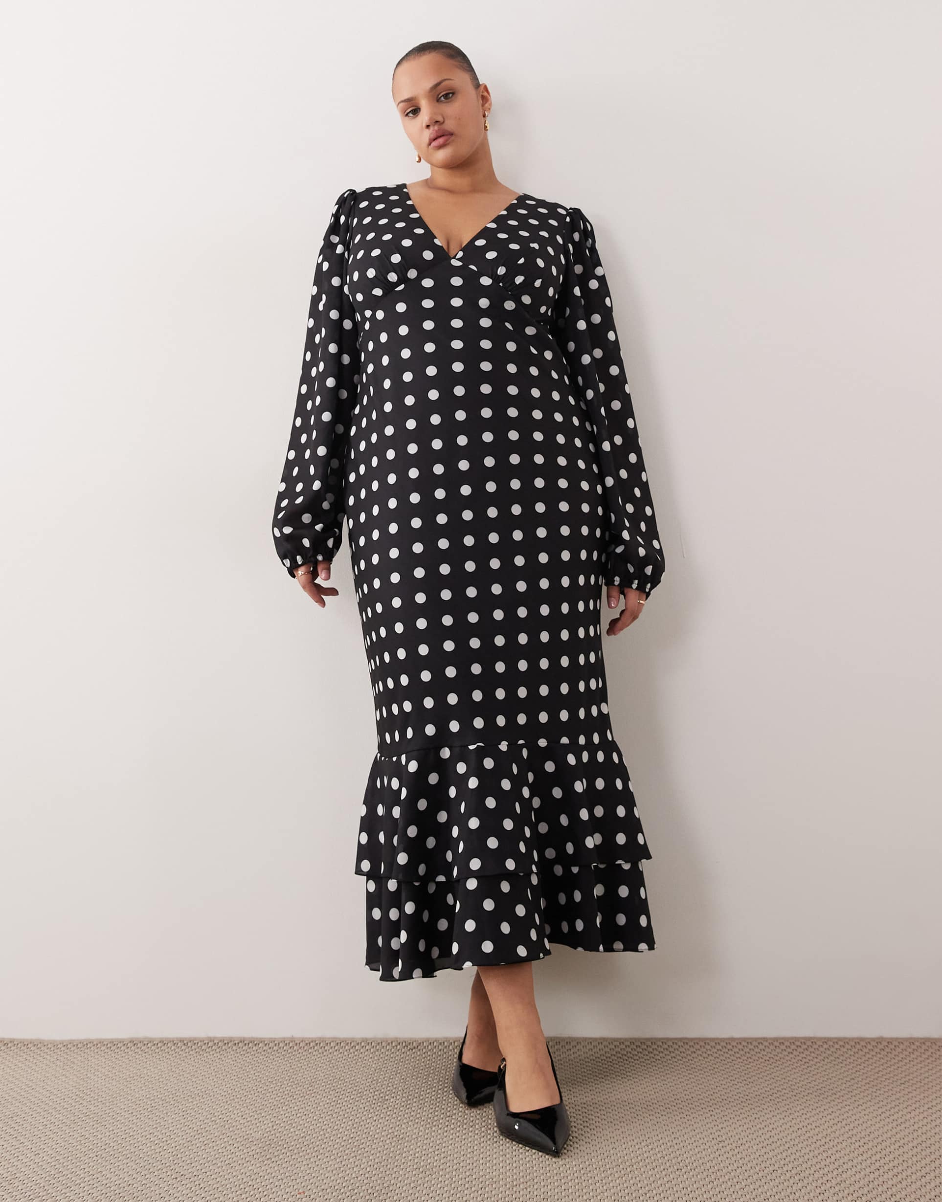lace & beads plus plunge neck balloon sleeve tiered ruffle hem maxi dress in black and white polka dots