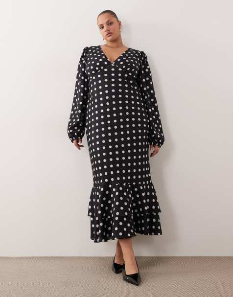 Lace & Beads Plus plunge neck balloon sleeve tiered ruffle hem maxi dress in mono polka dot - view 1