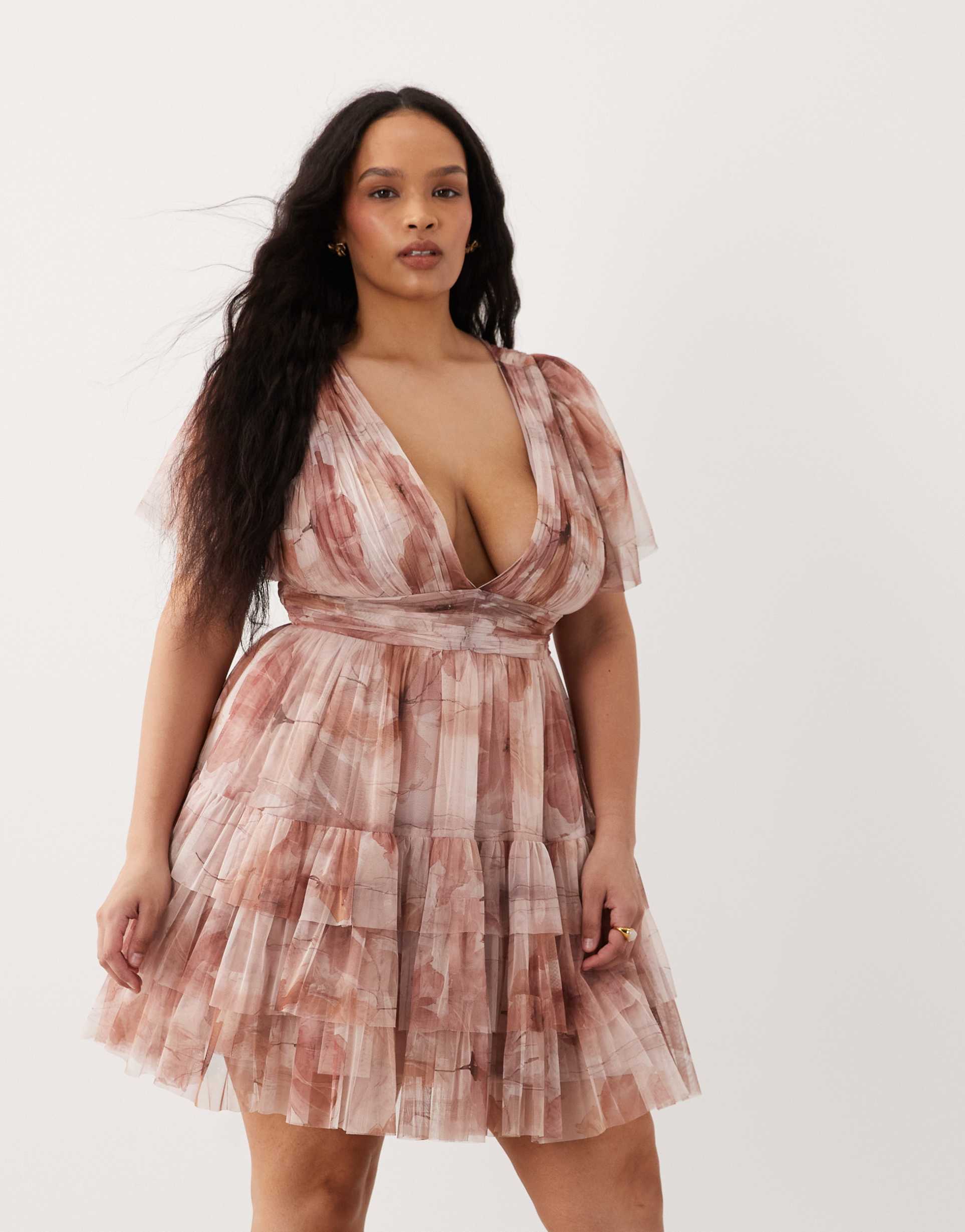 lace & beads plus plunge neck flutter sleeve tiered tulle mini dress in soft brown floral