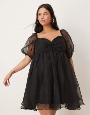 Lace & Beads Plus Puff Sleeve Organza Mini Dress