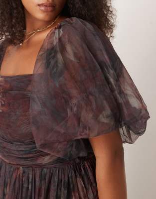 Lace & Beads Plus Puff Sleeve Tulle Maxi Dress In Purple