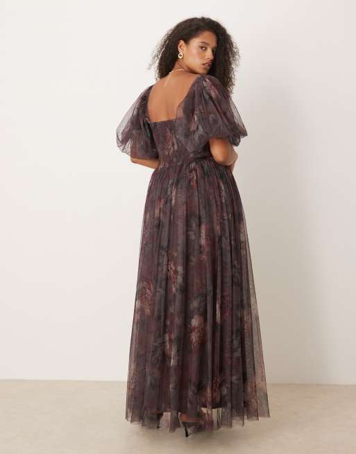 Lace & Beads Plus puff sleeve tulle maxi dress in plum floral, 3 of 4