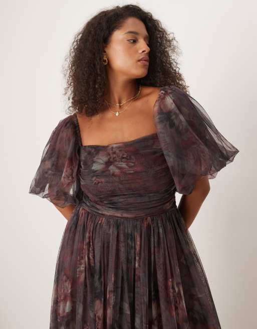 Lace & Beads Plus puff sleeve tulle maxi dress in plum floral