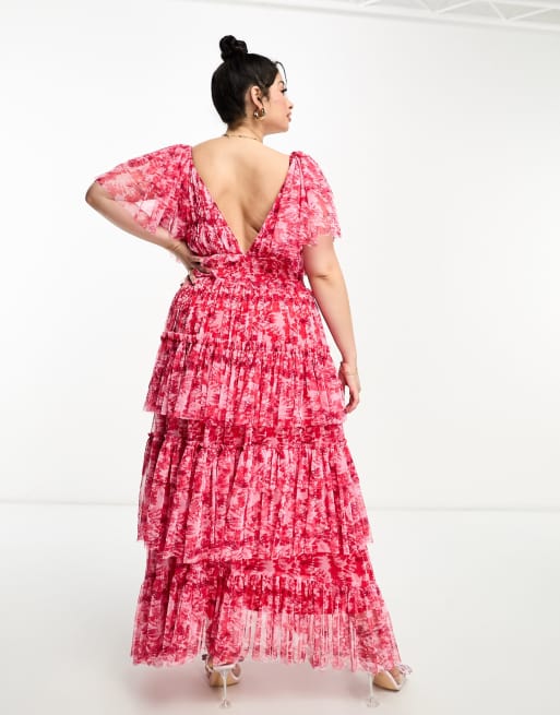 Lace & Beads Plus - Rød maxikjole med flagrende ærmer og flæser i blomstermønster - Kun hos ASOS, 4 af 4