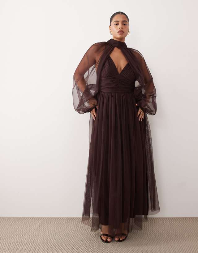 Lace & Beads Plus removable sleeve tulle maxi dress in chocolate