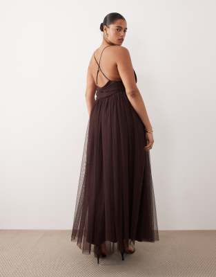 Lace & Beads Plus Removable Sleeve Tulle Maxi Dress In Brown