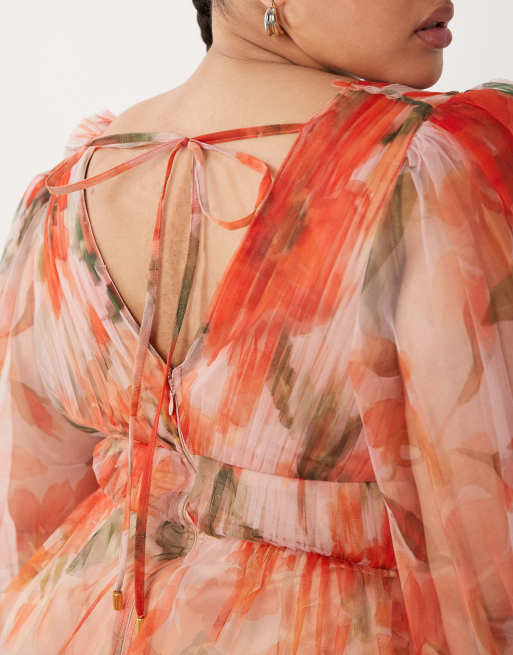 Lace & Beads Plus - Robe courte en organza à imprimé coquelicots avec col V et manches ballon - Orange, 3 de 4