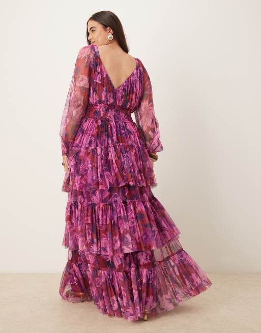 Lace & Beads Plus - Robe longue à fleurs en tulle avec manches transparentes et volants - Fuchsia, 3 de 4