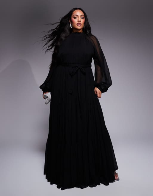 Lace & Beads Plus - Robe longue à volants étagés et manches ballon - Noir
