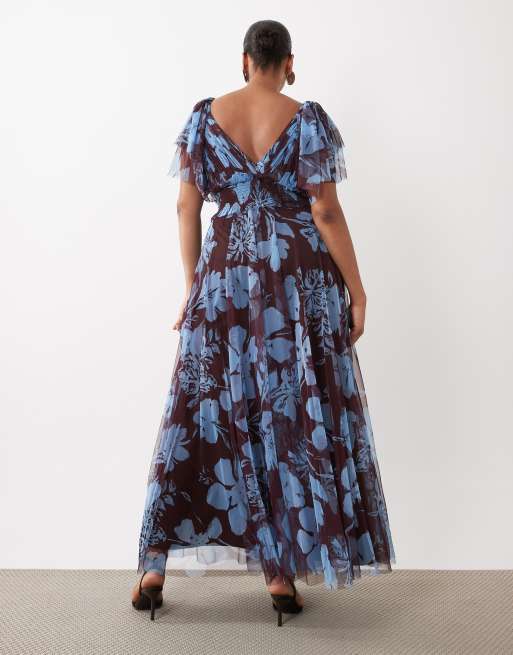 Lace & Beads Plus - Robe longue en tulle à col V et manches évasées - Chocolat et bleu fleuri, 3 de 4