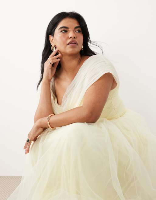 Lace & Beads Plus - Robe longue en tulle à épaules dénudées - Citron clair, 2 de 4