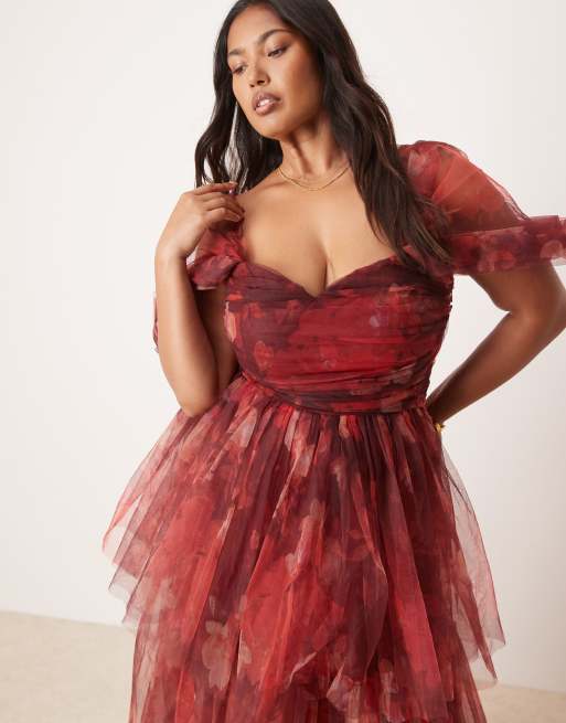 Lace & Beads Plus - Robe longue en tulle à fleurs avec épaules dénudées - Fuchsia, 3 de 4