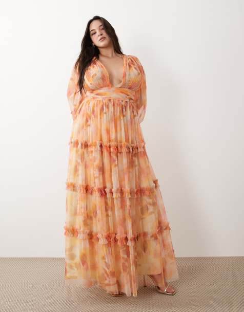 Lace & Beads Plus - Robe longue en tulle à fleurs avec manches ballon et volants - Orange - view 1