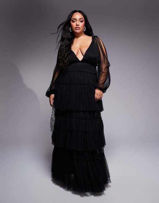 Lace & Beads Plus - Robe longue en tulle à manches transparentes et volants étagés - Noir