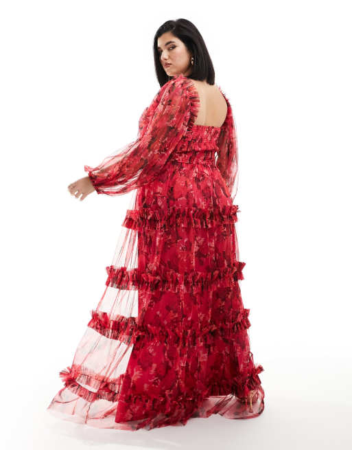 Lace & Beads Plus - Robe longue en tulle à volants et manches longues - Rose et rouge à fleurs, 2 de 4