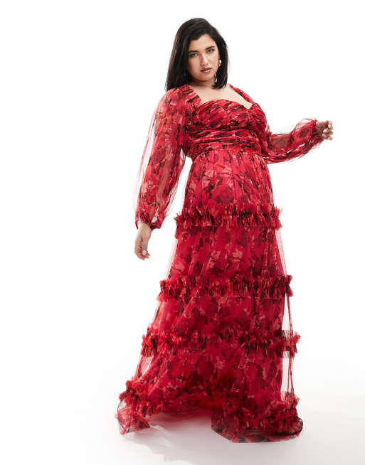 Lace & Beads Plus - Robe longue en tulle à volants et manches longues - Rose et rouge à fleurs, 3 de 4
