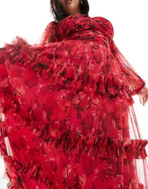 Lace & Beads Plus - Robe longue en tulle à volants et manches longues - Rose et rouge à fleurs, 4 de 4