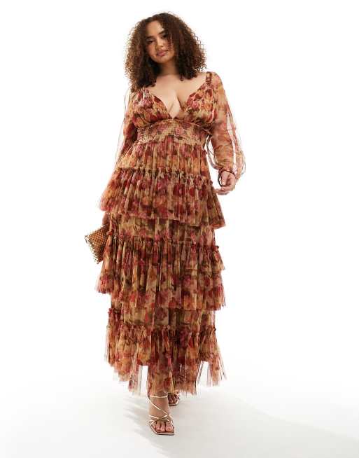 Lace & Beads Plus - Robe longue en tulle étagée à imprimé roses