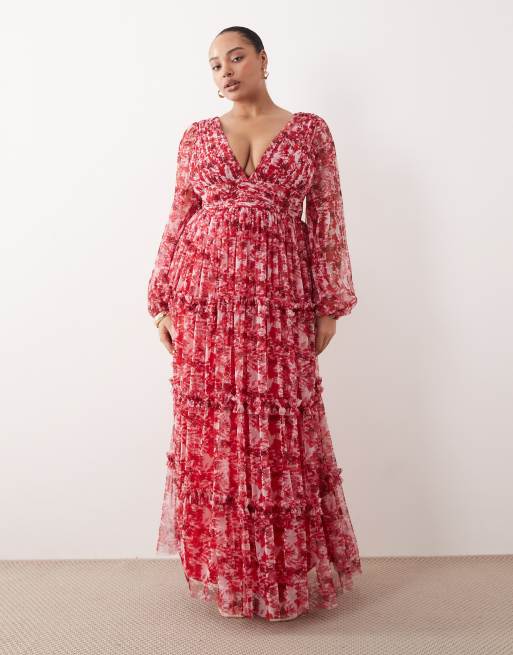 Lace & Beads Plus - Robe longue en tulle imprimé fleuri avec volants étagés, manches longues, taille basse et détail asymétrique - Rose/rouge
