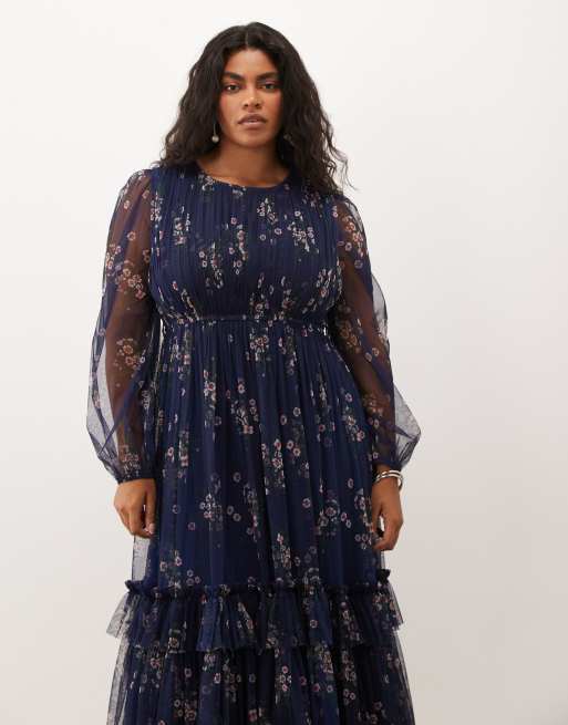 Lace & Beads Plus robe longue en tulle transparent à manches ballon, taille à nouer et volants, imprimé fleuri, 2 de 4