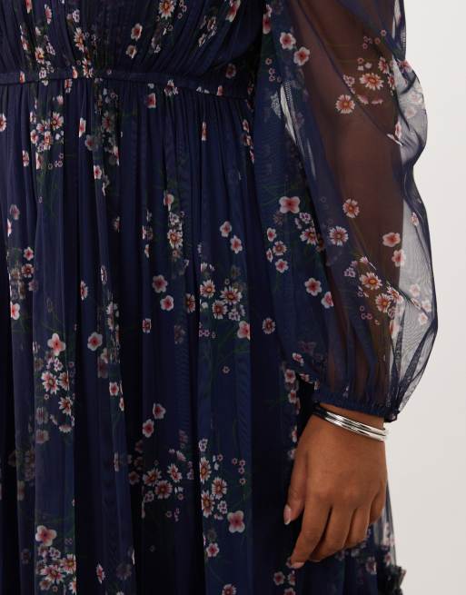 Lace & Beads Plus robe longue en tulle transparent à manches ballon, taille à nouer et volants, imprimé fleuri, 3 de 4