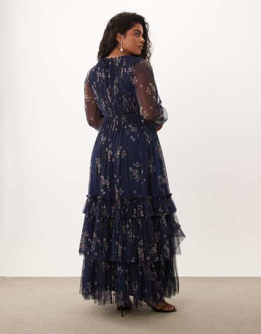Lace & Beads Plus robe longue en tulle transparent à manches ballon, taille à nouer et volants, imprimé fleuri, 4 de 4