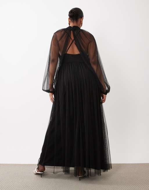 Lace & Beads Plus - Robe longue en tulle transparent avec manches ballon et col montant plongeant - Noir, 3 de 4