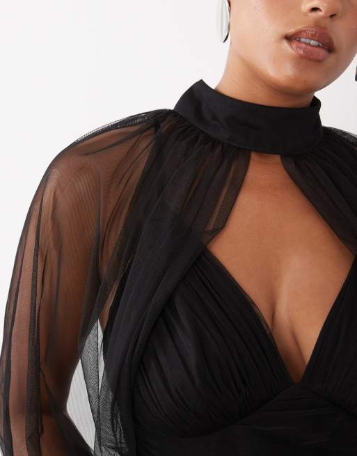 Lace & Beads Plus - Robe longue en tulle transparent avec manches ballon et col montant plongeant - Noir, 4 de 4