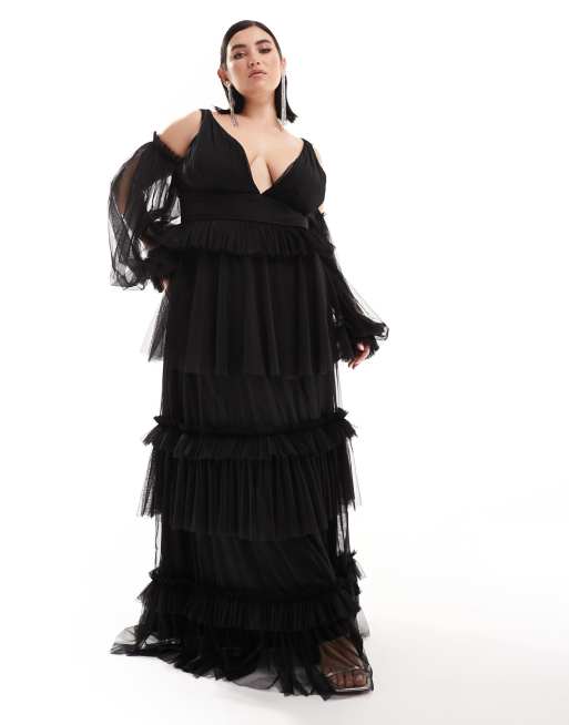 Lace & Beads Plus - Robe longue étagée en tulle à manches courtes - Noir