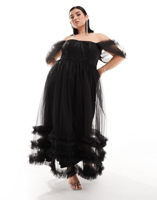 Lace & Beads Plus - Robe longueur mollet en tulle avec épaules dénudées et volants - Noir