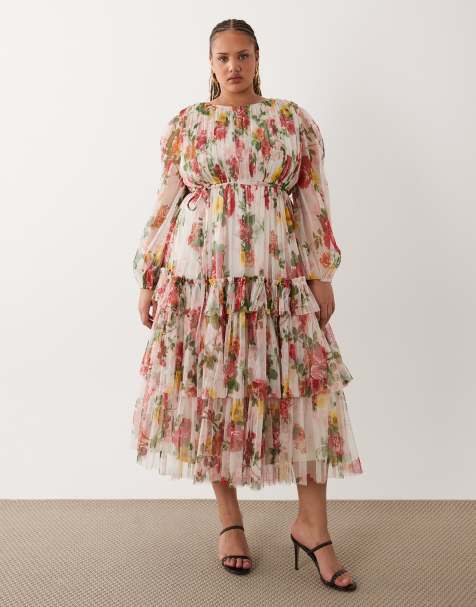 Lace & Beads Plus - Robe longueur mollet en tulle transparent imprimé fleuri avec volants étagés et manches ballon - Crème - view 1