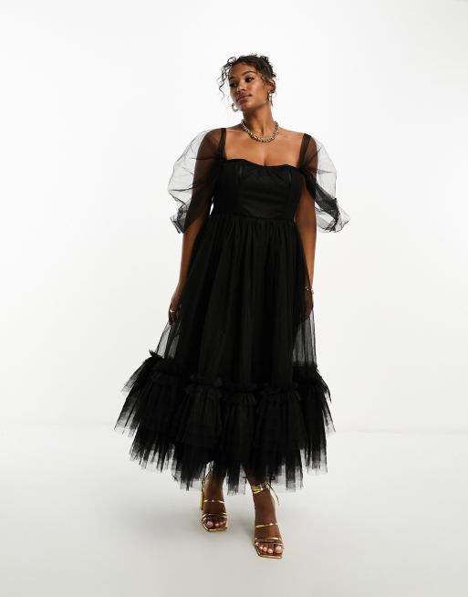 Lace & Beads Plus - Robe longueur mollet style corset à épaules dénudées avec volants - Noir, 4 de 4