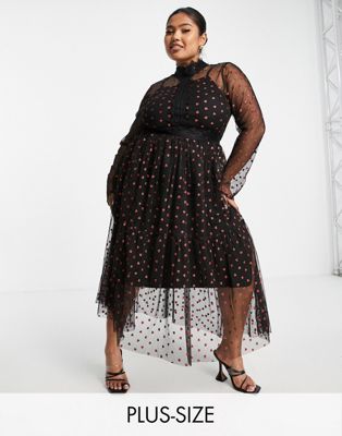 Lace & Beads Plus long sleeve polka dot midi dress with lace inserts in black heart - ASOS Price Checker