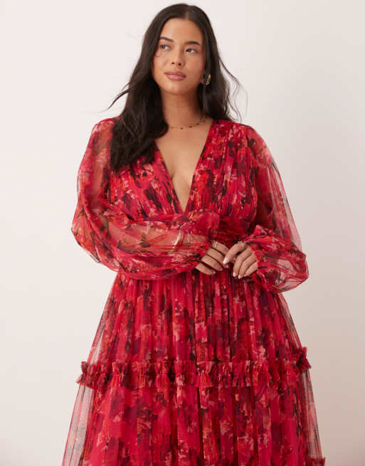 Lace & Beads Plus – Rosa och röd, rosenblommig maxiklänning med volang i bohostil, 3 av 4