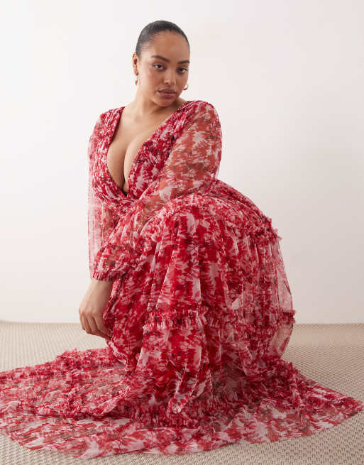Lace & Beads Plus – Rosa och rödblommig, panelsydd maxiklänning i tyll med långa ärmar, 3 av 4