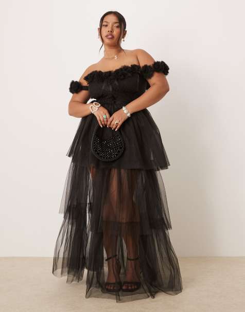 Lace & Beads Plus rosette corset maxi dress in black