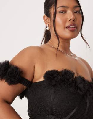 Lace & Beads Plus Rosette Corset Maxi Dress