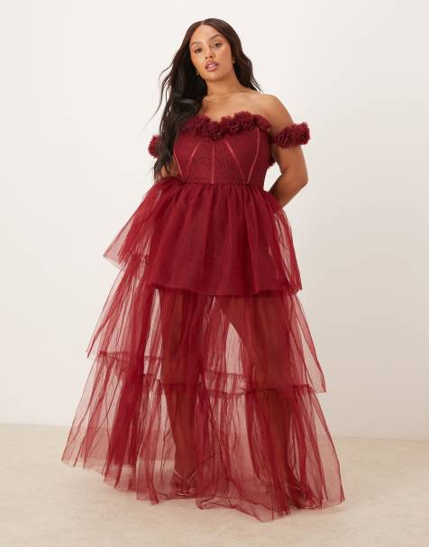 Lace & Beads Plus rosette corset tiered tulle maxi dress in burgundy - view 1