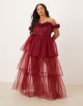 [Lace & Beads Plus] Lace & Beads Plus rosette corset tiered tulle maxi dress in burgundy 20 Burgundy