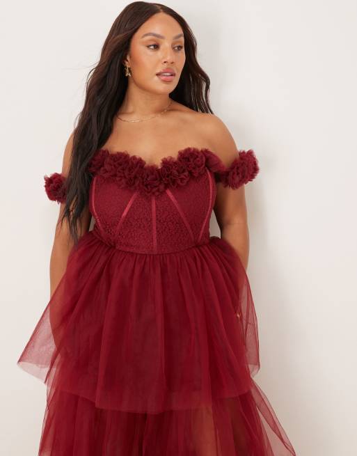 Lace & Beads Plus rosette corset tiered tulle maxi dress in burgundy, 2 of 4