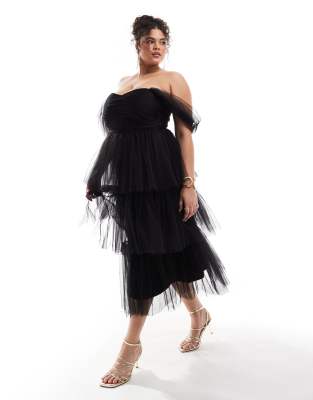 ruched tulle tiered midi dress in black