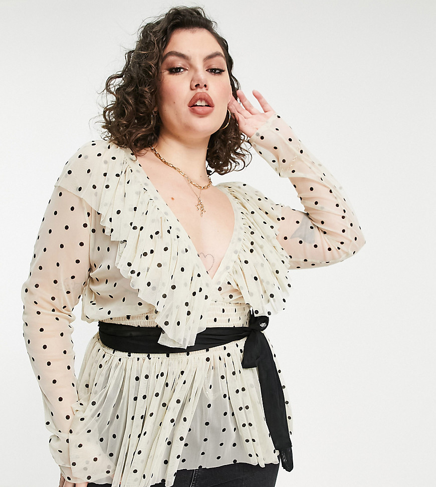 Lace & Beads Plus ruffle blouse with contrast black tie waist in cream polka dot-White