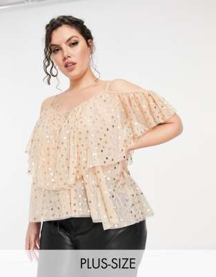 Lace & Beads Plus ruffle cold shoulder top in blush mini heart print-Pink