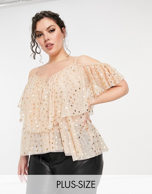 Lace & Beads Plus ruffle cold shoulder top in blush mini heart print