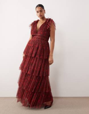 Lace & Beads Plus Ruffle Layered Maxi Dress In Red