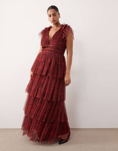 Lace & Beads Plus ruffle layered maxi dress in red floral print - view 1