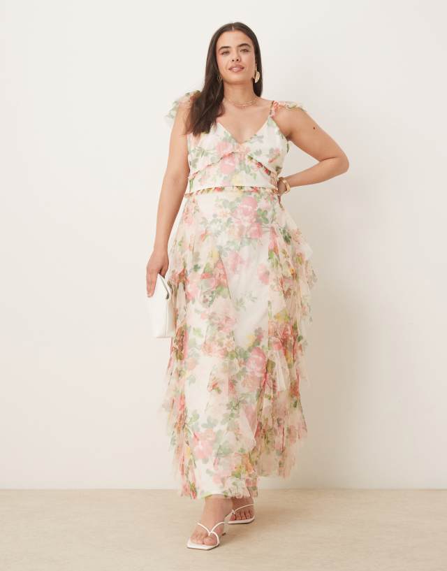 asos lace and beads ruffle midaxi dress & Plus tulle in bright floral Corset