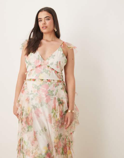 Lace & Beads Plus ruffle midaxi tulle dress in bright floral