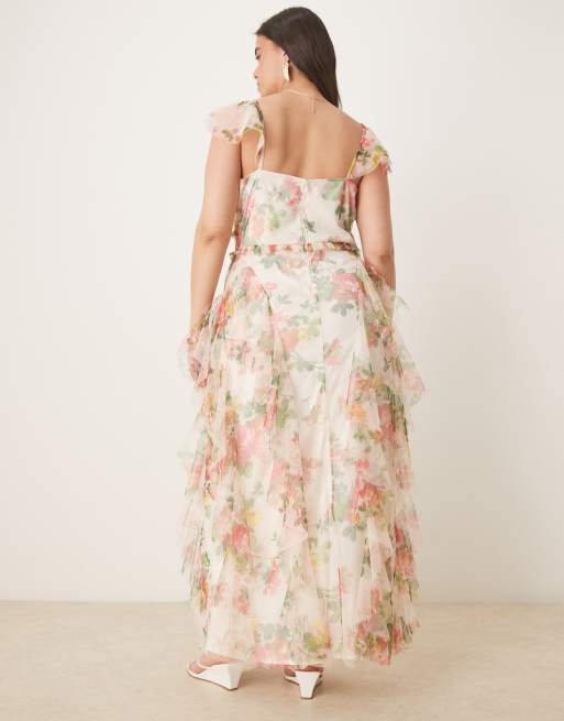 Lace & Beads Plus ruffle midaxi tulle dress in bright floral